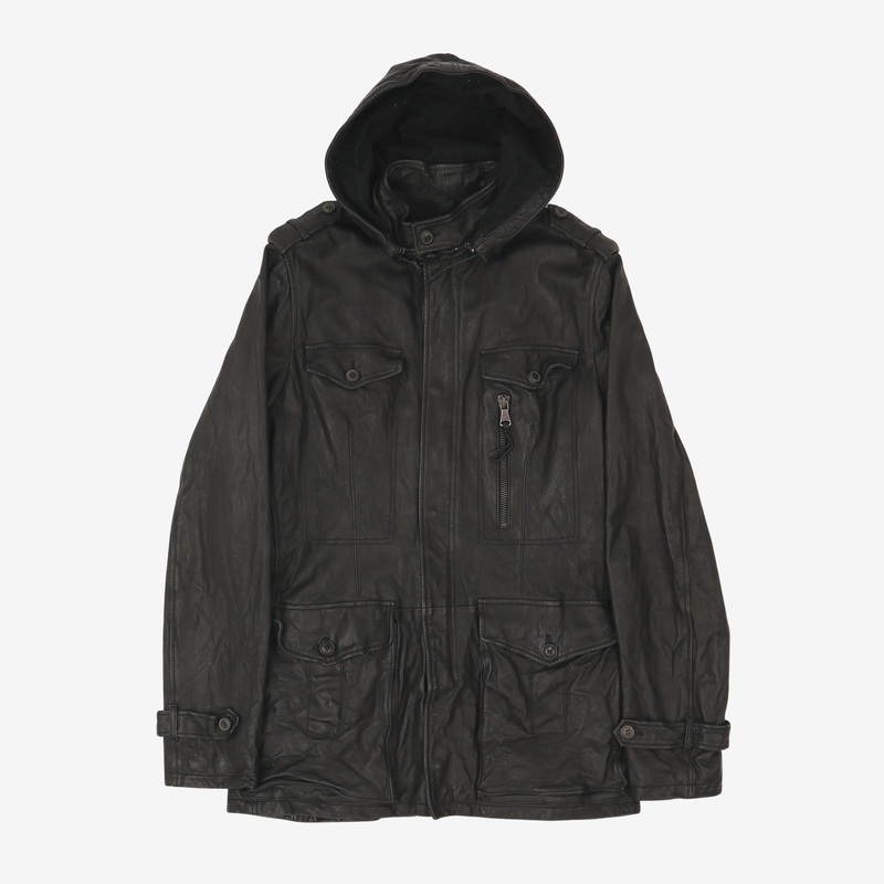 Custom Leather Jacket + Hood L Black