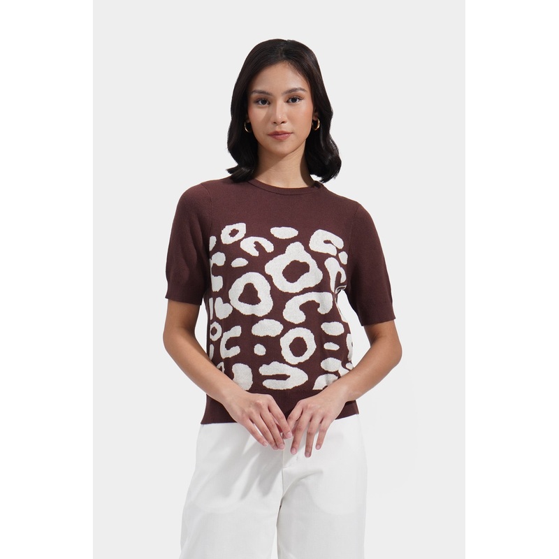 Animal Print Flat Knit Tee Deep Brown Extra Small