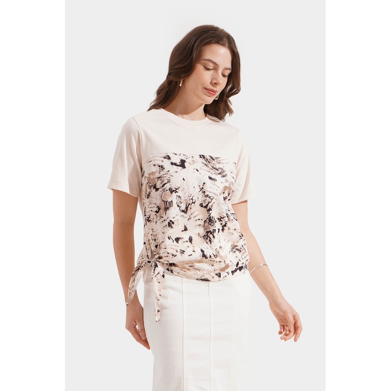 Hybrid Animal Print With Tie Front Boxy Tee Cream Extra Small