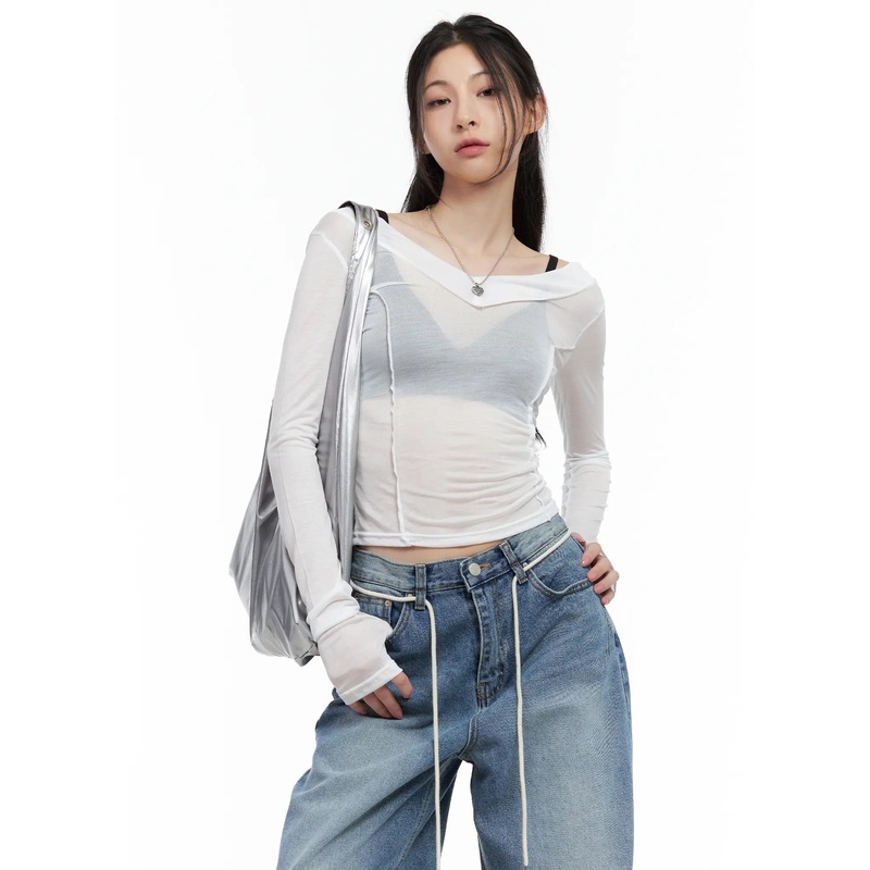 Sheer Back-Slit Long-Sleeve Tee CU530 White S/M