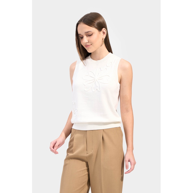 Floral Roping Sleeveless Flat Knit Tee Off White Extra Small