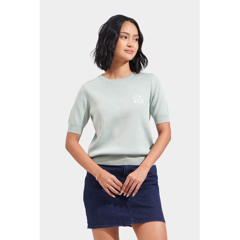 ForMe Embroidered Flat Knit Tee Sage Green Extra Small