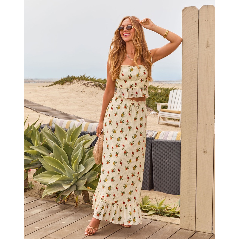 Market Morning Drawstring Maxi Skirt Cream Multi XS