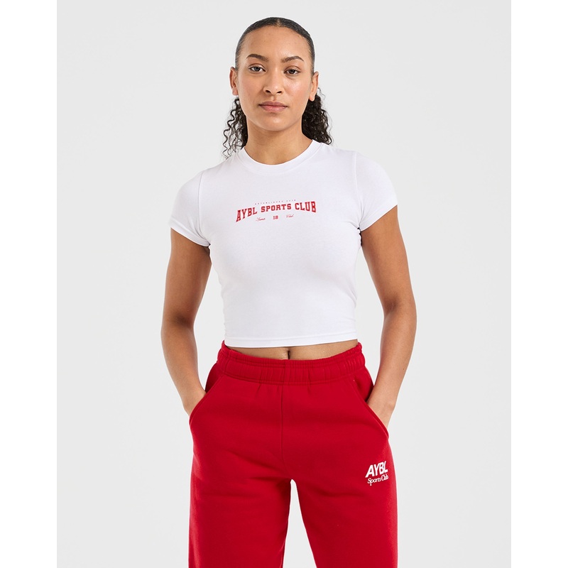 Sports Club Varsity Baby Tee – White/Red XS