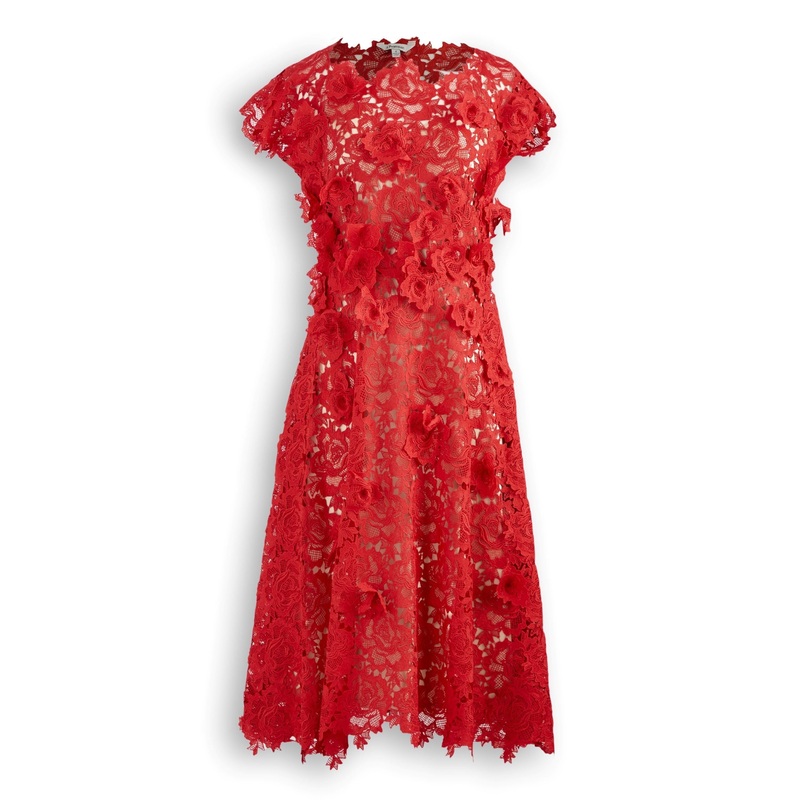 3D Flower Scalloped Edge Lace Dress Red 0