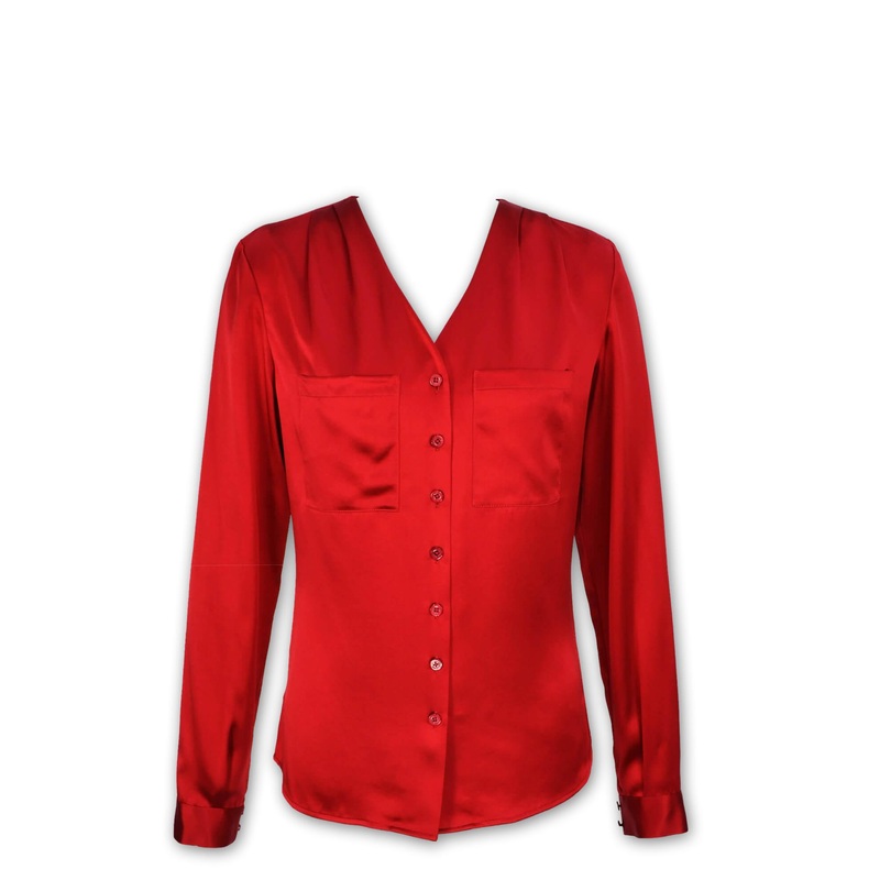Silk Satin Patch Pocket Blouse Red 0