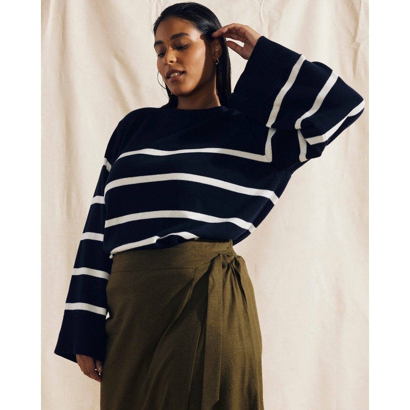 Bardot Wide Sleeve Cotton Sweater – Navy/White 4XS_00-0 Navy/White