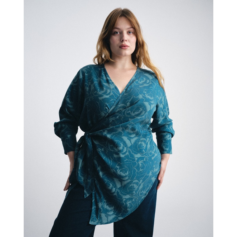 Beacon Stretch Cupro Wrap Shirt – Rose Print in Deep Teal 4XS_00-0 Rose Print in Deep Teal