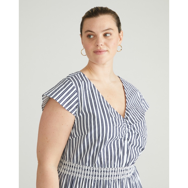 Ambroeus Smocked Poplin Dress – White/Navy Multi Stripe 4XS_00-0 White/Navy Multi Stripe