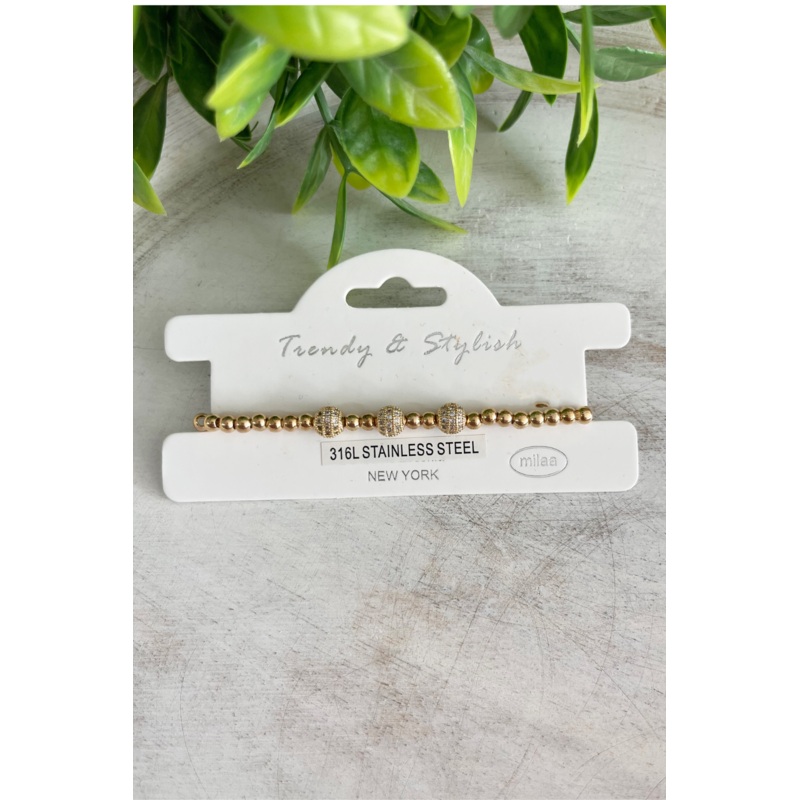 Stainless Steel Stretch Bracelet with Pave Balls Gold