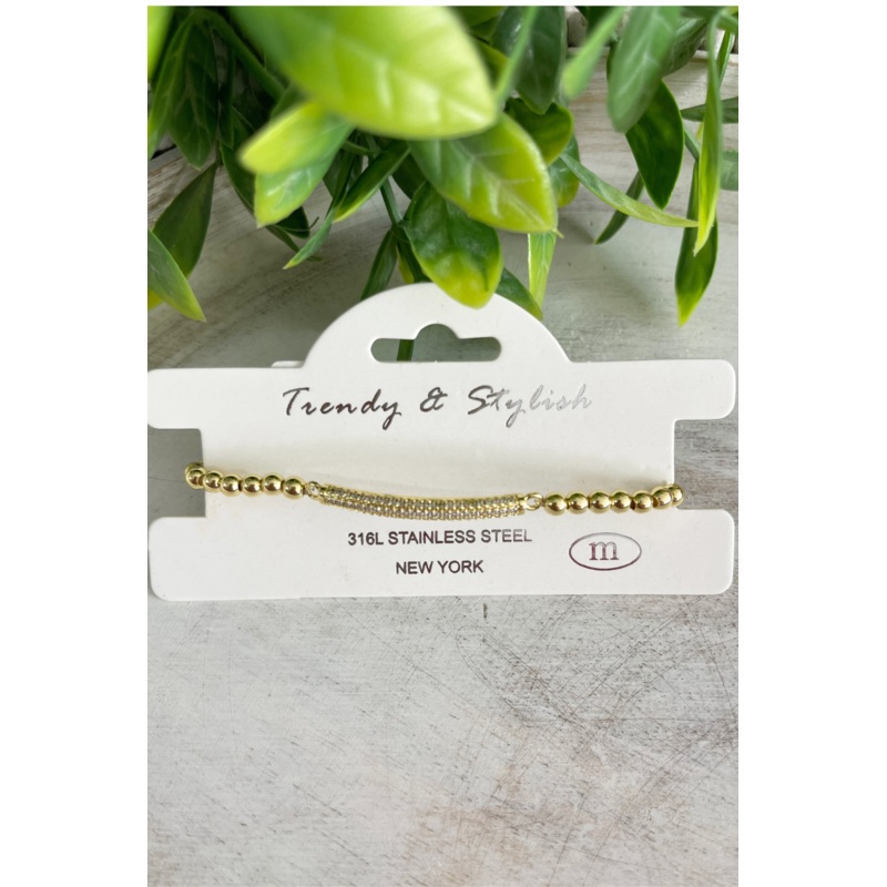 Stainless Steel Stretch Bracelet with Pave Bar Gold